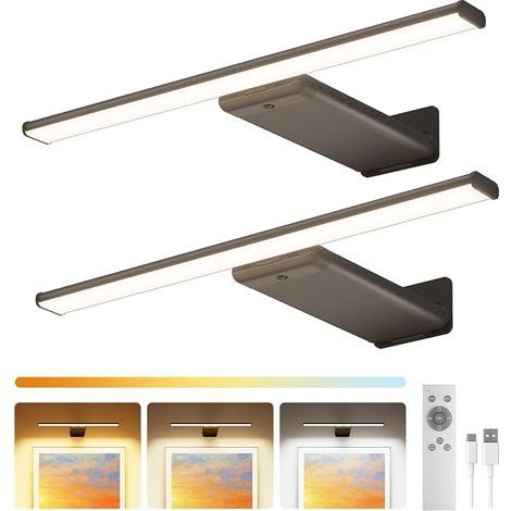 Lampe de Tableau Sans Fil Rechargeable 12000mAh avec Télécommande, Éclairage LED Dimmable pour Peintures et Cadres, Applique Murale Intérieur, 3 Couleurs, CRI 95+, Minuterie & Mémoire, Noir, Lot de 2 (1/5)