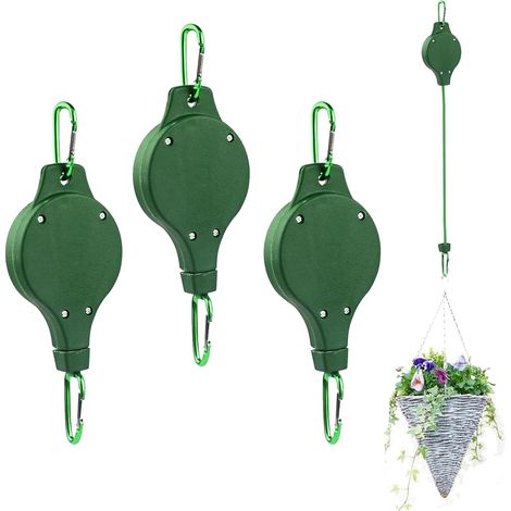 3 stuks intrekbare haken voor bloempotten, riemschijfhaken voor hangende planten, intrekbaar katrolsysteem voor manden en bloempotten, groen, verstelbaar en eenvoudig te installeren (1/5)