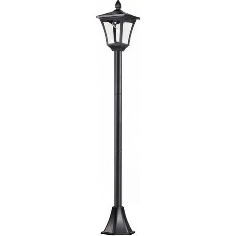 Farola solar exterior, farola LED clásica estilo linterna, 40 lúmenes, dimensiones 18 cm de largo x 18 cm de ancho x 160 cm de alto, color negro.