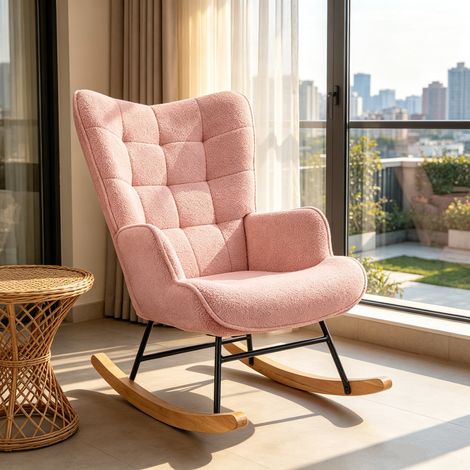 Fauteuil à bascule - BRILVERDE - pieds en bois - Rose Teddy Plush - Berceuse - confortable - Scandinave - cadeau - pour salon Chambre (1/5)