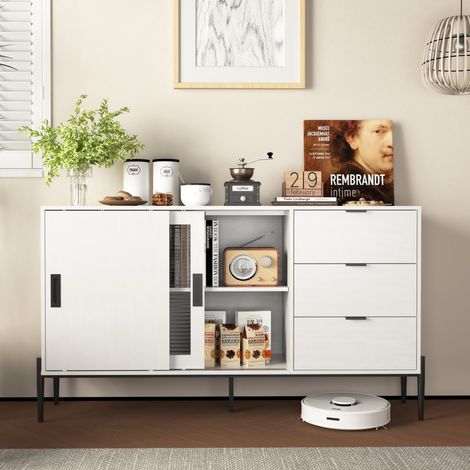 Aparador de 155 x 40 x 91,5 cm - 2 puertas correderas de cristal acanalado y 3 cajones - Consola de entrada y mueble de almacenamiento versátil - Blanco (1/5)