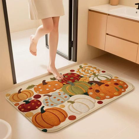 Diatomeenerde-Badematte – Retro-Kürbismotiv, rutschfest, hochabsorbierend und schmutz- sowie verschleißfest – Quadratisches Design, beige (50 x 80 cm) – Ideal für das Badezimmer-lsw