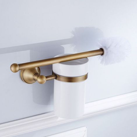 Support De Brosse De Toilette - Laiton Massif - Pour Salle De Bain - Ensemble Complet Avec Tasse En Céramique - 1 Pièce (1/5)