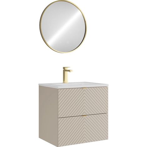 Meuble de salle de bain suspendu en chevrons avec vasque à encastrer, robinet et miroir - Beige - 60 cm - DORIONI (1/5)