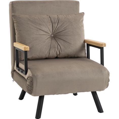 Sillón cama plegable 63 x 73 x 81 cm con respaldo de 5 posiciones, efecto terciopelo, marrón claro (1/5)