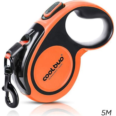 Laisse Chien Enrouleur pour Gros Chien Jusqu'à 50kg, Ruban en Nylon Solide Extensible à 5M, Rétractable(Orange) (1/5)