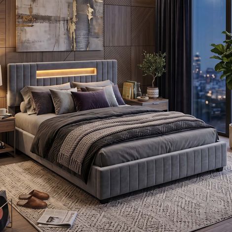 Creahappy Lit Coffre avec Rangement 140x200 cm - Gain de Place - Tissu Velours Style Contemporain LED RGB - Gris (1/5)
