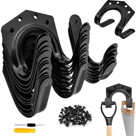 Lot de 18 crochets pour outils de jardin, crochets simples/doubles crochets pour garage, jardin, abri de vélo avec 54 vis, 1 tournevis (noir) (1/5)