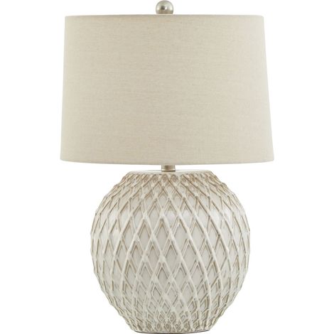 Lattice Table Lamp with Linen Shade - Ceramic - L38 x W38 x H58 cm - Neutral Cream