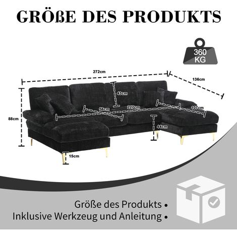 Grand canapé sectionnel U en chenille avec doubles sièges inclinables. Pour salon,chambre,bureau,appartement et villa.-Pb