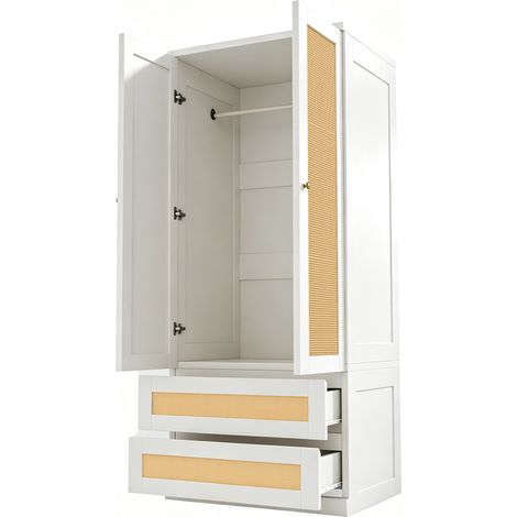 Kleiderschrank Weiß in Rattanoptik mit Doppeltüren und Schubladen, 70x55x170cm, Schmaler Schrank aus Holz und MDF mit Ablagefächern (1/5)