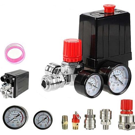 Pressostat pour compresseur d'air, régulateur de pression 220 V pour compresseur d'air avec manomètre, raccords de soupape de sécurité, pièces de rechange pour compresseur 90-120 PSI (1/5)