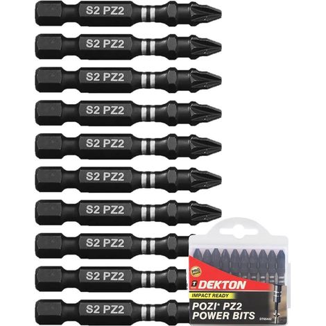 Dekton 10pc Pozi S2 Steel Impact Drill Drive Power Bits 50mm Long Bit PZ2