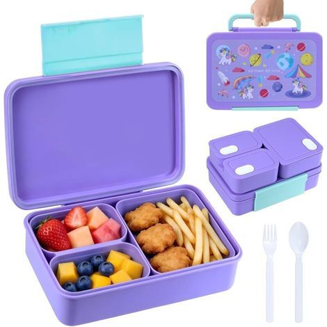 Lunch Box,Boîte à Déjeuner Campus,Bento Lunch Box Enfant Boîte 1200ml,Boîte à Repas avec Trois Compartiments et des Couverts,sans BPA, pour Micro-Ondes et Lave-Vaisselle (Violet)