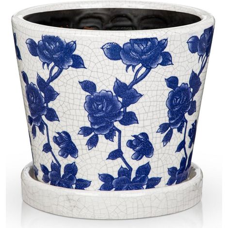 Keramiktopf mit Untersetzer, 14cm, blau-rosen Muster, für Sukkulenten (1/5)