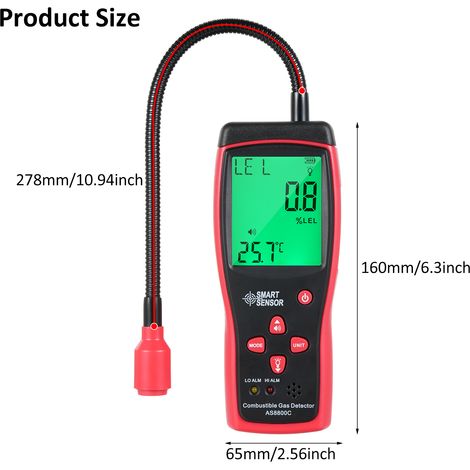 SMART SENSOR Détecteur de fuite de gaz combustible portable Testeur de fuite naturelle Analyseur de concentration portable avec test de température et fonction d'alarme sonore et lumineuse. (1/5)