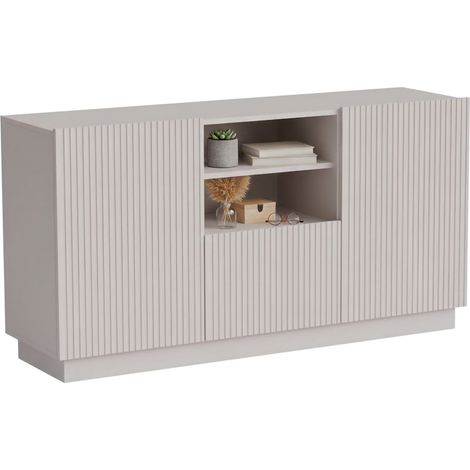 Serchio Sideboard, Wohnzimmer-Sideboard mit zwei Flügeltüren, einer Schublade und zwei offenen Fächern, Design in Riffeloptik, 150 x 40 x 78 cm, Beige