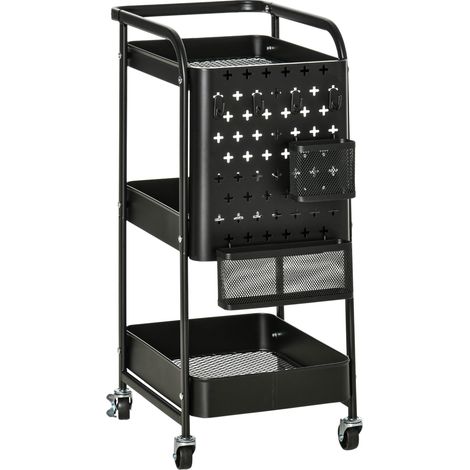 Desserte chariot de rangement pour bureau en métal chariot de service à roulettes 3 niveaux avec 2 range-couverts 4 crochets dim.51,5L x 32l x 75,6H cm - noir