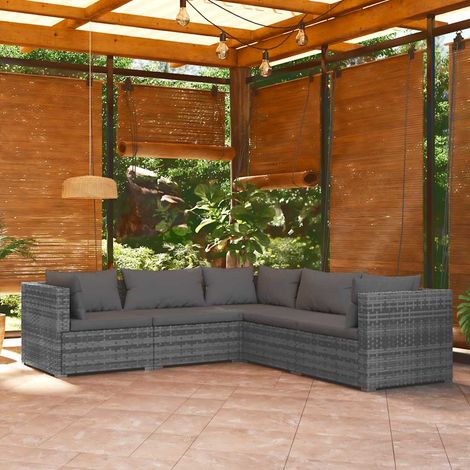 5-tlg. Garten-Lounge-Set mit Kissen Poly Rattan Grau (1/5)
