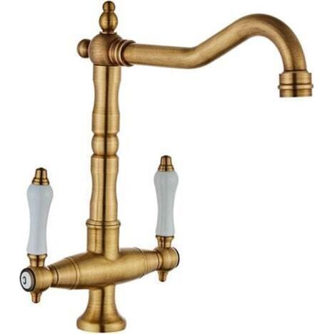 Robinet Mitigeur Cuisine Vintage Robinet de Lavabo Rétro 2 Poignées Réglable Chaude et Froide Rotatif 360° Bronze (1/4)