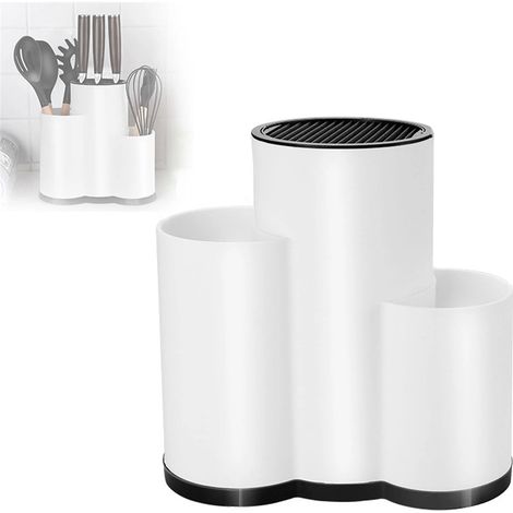 Bloc à couteaux 3 en 1 avec 3 compartiments, support en plastique résistant pour couteaux, ciseaux et outils de cuisine, blanc (1/5)