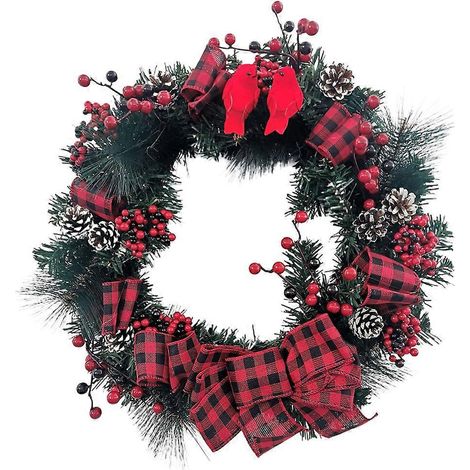 Weihnachtskranz, rot-schwarz kariert, Schleife, rote Beerengirlande für Weihnachtsfeier, Heimdekoration im Landhausstil, rustikaler Ornament