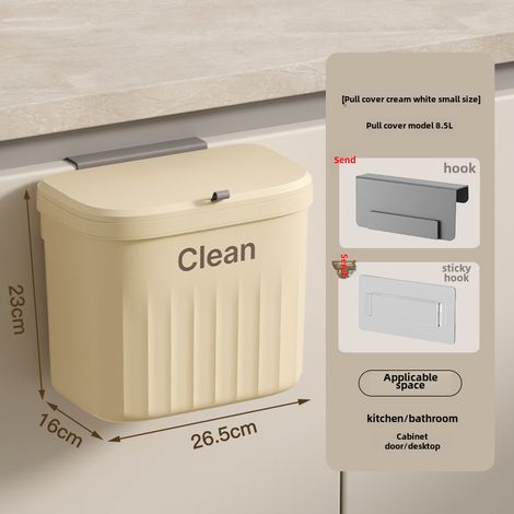 Cubo de basura informal para cocina, cubo de basura de pared para baño/aseo, gran capacidad, a prueba de fugas y duradero (modelo pequeño con tapa deslizante, color crema - 8,5 L) (1/5)