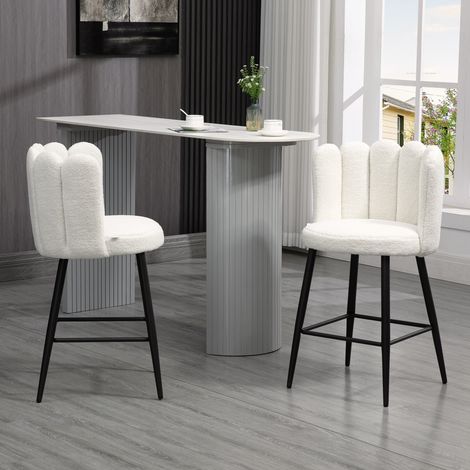 Lot de 2 chaises hautes tabourets de bar avec repose-pieds acier tissu effet laine bouclée hauteur 65 centimètres crème noir