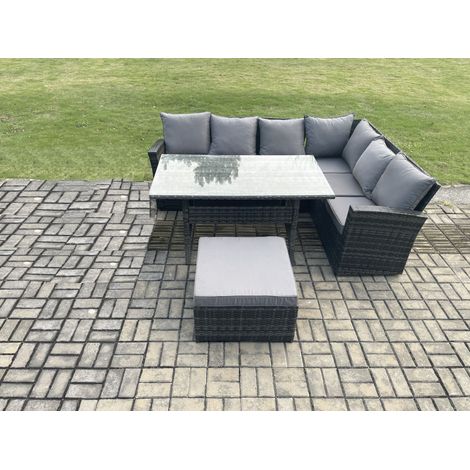 Fimous 7 Seater Garden Rattan Furniture Corner Sofa Dining Table Set with Big Footstool Indoor Outdoor Lounge Sofa Set (1/4)