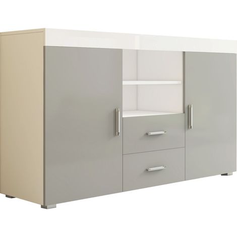 Credenza 2 ante e 2 Cassetti Madia Moderna Mobile Sala da Pranzo 140x80x40cm Modello Roque Bianco e Grigio Finitura Lucida