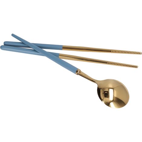 Tragbares Edelstahl-Besteckset, Aufbewahrungsbox für Essstäbchen, Reiselöffel, individuelles blau-goldenes Set (1/5)