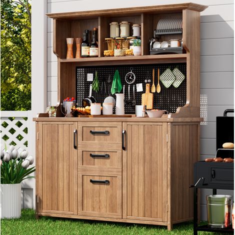 Gartenschrank aus massivem Tannenholz, natur, 125x50x185,1 cm, mit 3 Schubladen, 3 offenen Fächern, Lochwand und verstellbaren Böden (1/5)