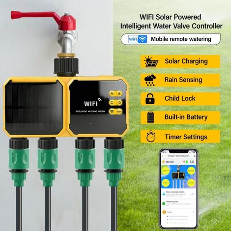 (4 zones) Minuteur d'arrosage WiFi intelligent, contrôleur de vanne d'eau, alimentation solaire, application Smart Life, minuterie d'arrosage automatique 2,4 GHz (1/4)