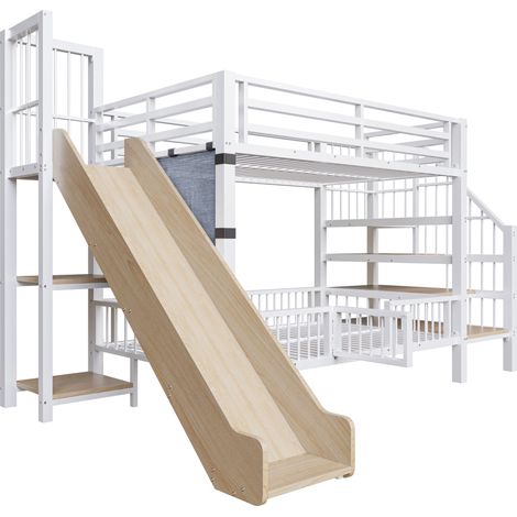 Cama alta infantil de metal 90 x 200 cm blanca con tobogán y almacenaje (1/5)