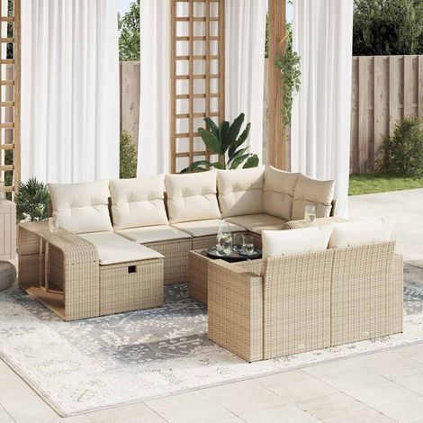 Ensemble Salon de Jardin 11 Pièces Résine Tressée Beige - Set Canapé d'Extérieur avec Table, Pouf et Coussins Crème Lavables, Stockage Intégré (1/5)