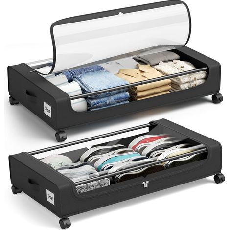 Lot de 2 tiroirs de rangement sous lit avec roulettes, conteneurs de rangement sous lit avec couvercle transparent, tiroirs de rangement sous lit en tissu et cadre métallique pour vêtements (1/5)