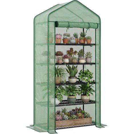 Serra a Casetta a 5 Livelli con Ingresso Avvolgibile, in Acciaio e Polietilene, 90x49x193 cm, Verde