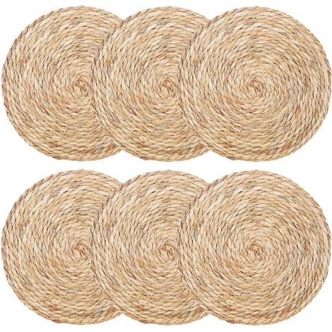Lot de 6 napperons ronds en jonc de mer ou jacinthe d'eau, 30 cm, naturels, lavables et durables. (1/5)