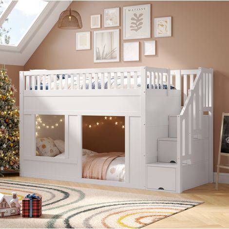 cama litera 90/200 cm blanco de madera maciza con escalera almacenaje (1/5)