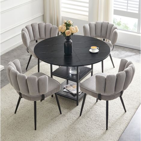 Ensemble table à manger ronde 107 cm avec double rangement et 4 chaises grises en tissu (1/5)