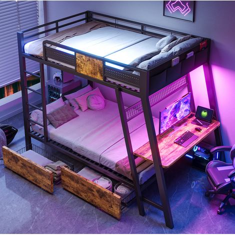 Letto a castello 90/200 cm nero in metallo con scrivania gaming, LED e prese USB (1/5)