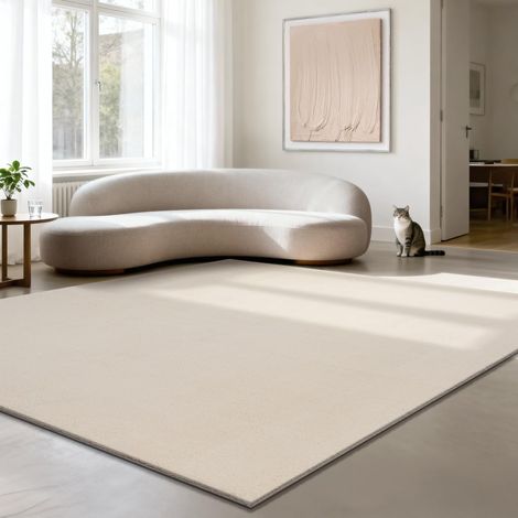 Tapis Moderne Moelleux à Poils Courts, antidérapant, Lavable Jusqu’à 30°C, Super Doux, Aspect Fourrure, pour Salon et Chambre, décoratif, Beige, 240 x 240 cm (1/5)