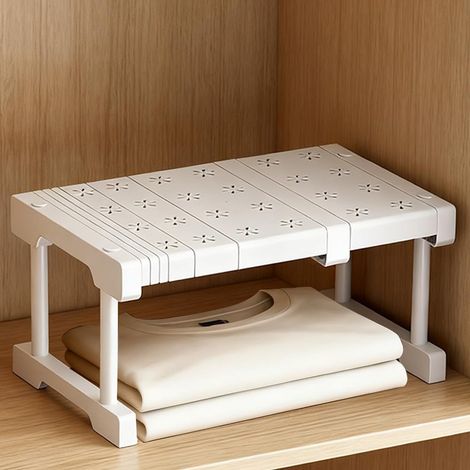 Organizador de armario apilable, estantes extensibles, estantes telescópicos sin taladrar, para armario, guardarropa, cocina, ancho 24 cm, alto 22 cm, largo ajustable 27-38 cm