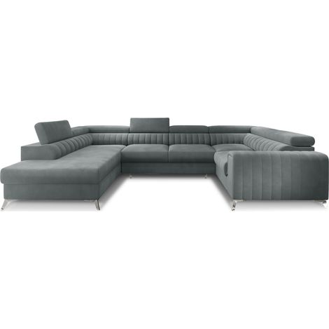 Canapé panoramique convertible LOUVE velours - Rangement et têtières réglables à gauche-Gris-Coffre à gauche (1/5)