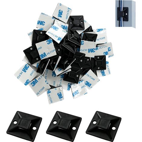 100 Embases Adhésives pour Serre-Câbles 28,5x28,5 mm Noir – Support Autocollant avec Fixation Sûre – Pour Rangement des Câbles : Maison, Bureau, Garage, Électrique (1/5)
