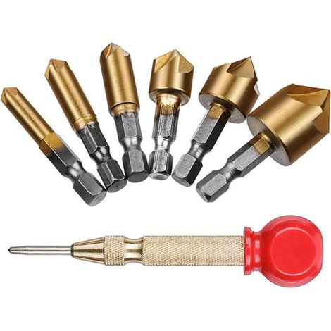 90° HSS Self-Centering Countersink Punches, Countersink Drill Bit Set, Chamfer Head Tools, Carbide Countersink Drill Bits, 1/4'' Hex Shank for Wood and Metal, 6, 8, 9, 12, 16, 19mm, 7pcs (1/5)
