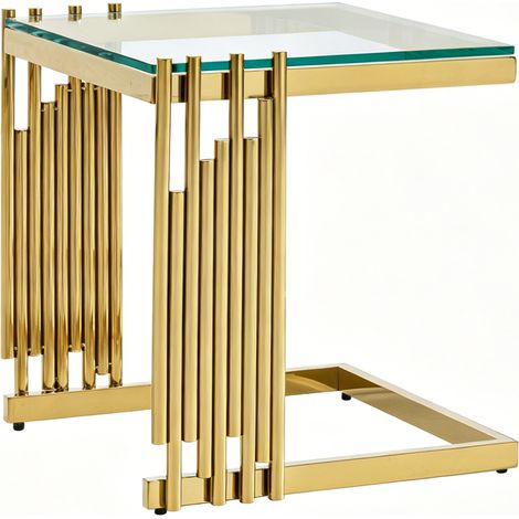 Table d'appoint carrée 41 cm en verre trempé transparent avec cadre en acier inoxydable doré finition miroir (1/5)