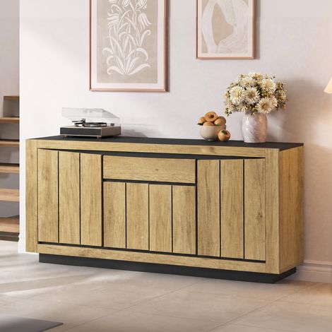 Buffet bas 140x40x60 cm avec 4 portes et 1 tiroir, meuble de rangement salon salle à manger, design bois et noir - MDF-Noir/Bois (1/5)