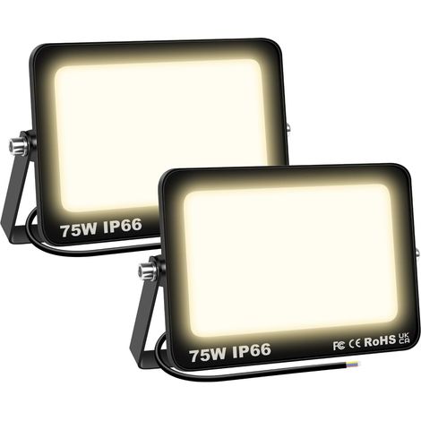 2 Pcs Projecteur LED Extérieur 75W 7500LM 3000K Blanc Chaud Spot LED Eclairage IP66 Étanche Projecteur Extérieur Eclairage de Sécurité Floodlight pour Jardin, Patio, Garage, Entrée