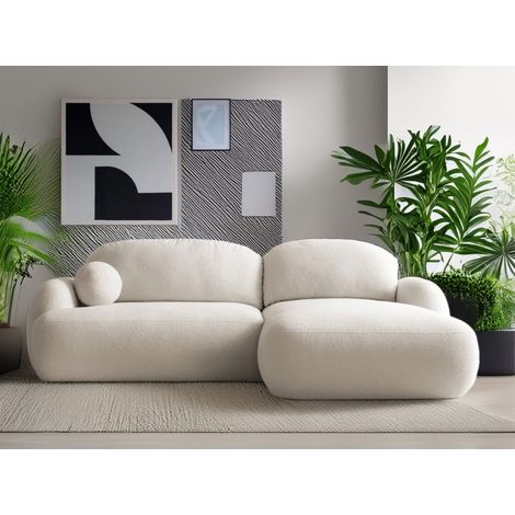 Tendencio – Canapé d'angle convertible 275x175cm en tissu bouclette – Coffre de rangement intégré – Surface de couchage 220x143cm – Style Japandi